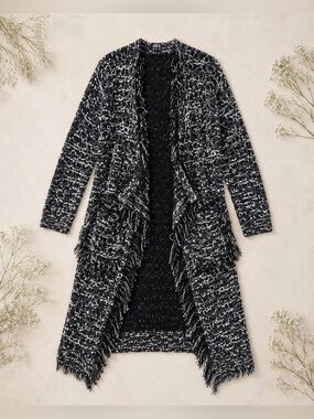 Anthropologie Foxiedox Black White Knit Fringe Duster Cardigan M